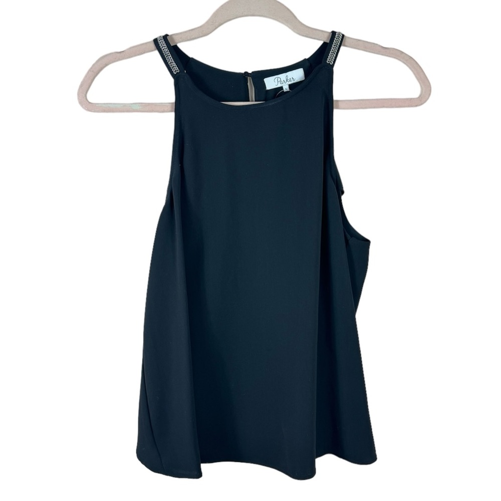 PARKER womens size S black high neck silk silver strap blouse top